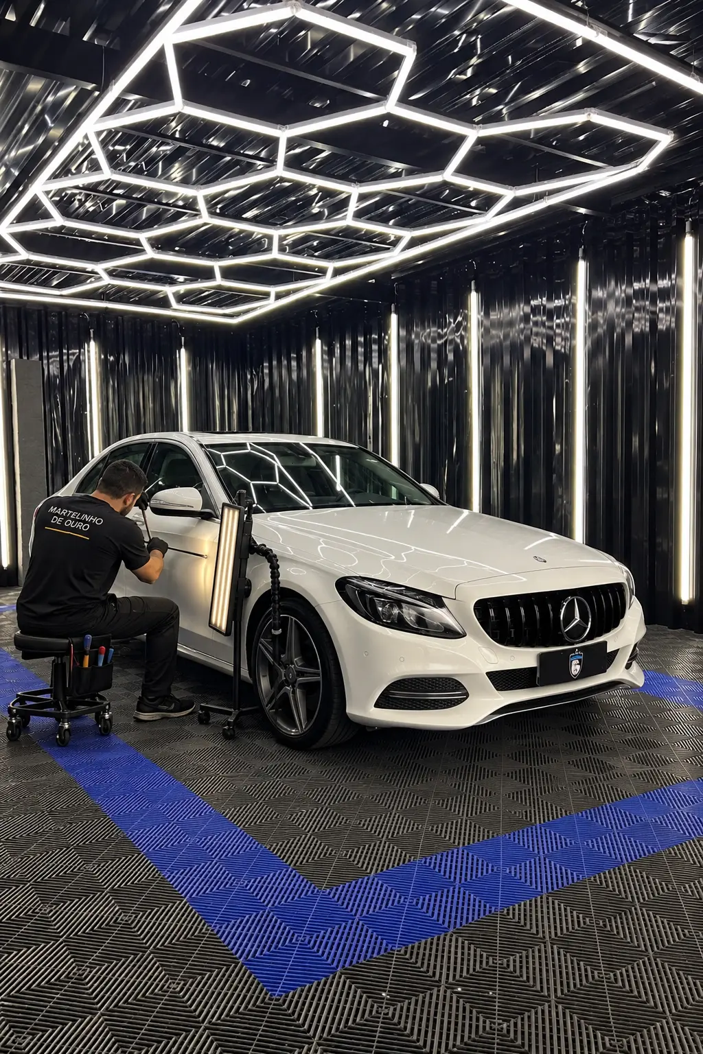 Técnico realizando martelinho de ouro em veículo no estúdio Eagle Detailers Premium