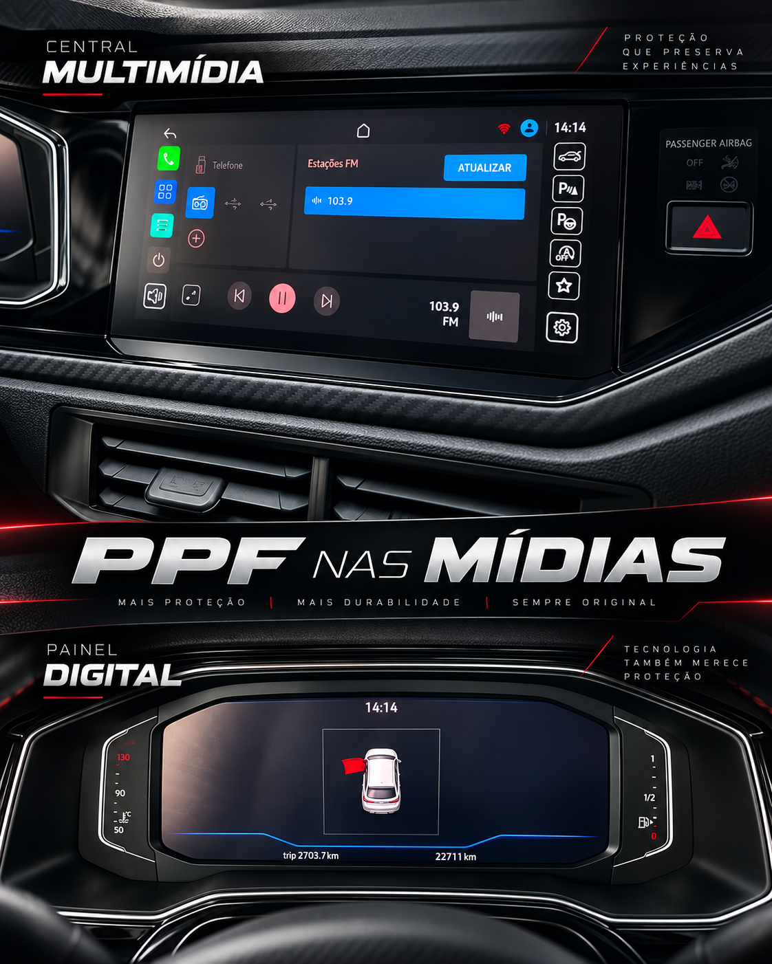 PPF aplicado na central multimídia e painel digital do veículo
