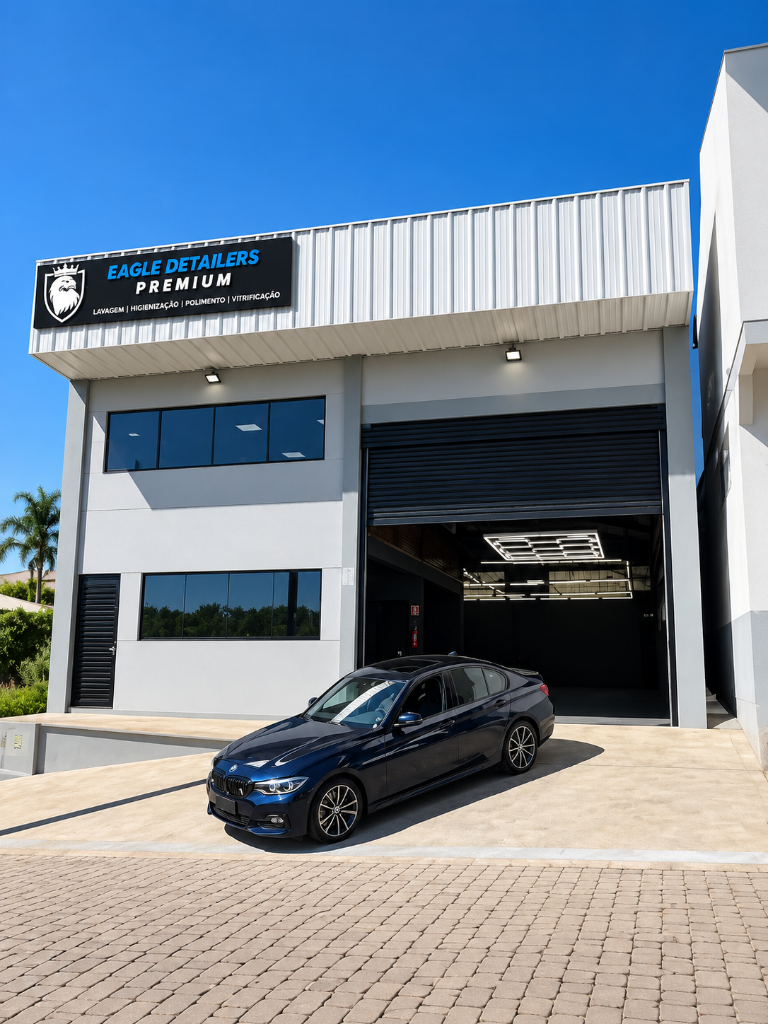 Fachada do estúdio Eagle Detailers Premium com o carro do cliente à frente