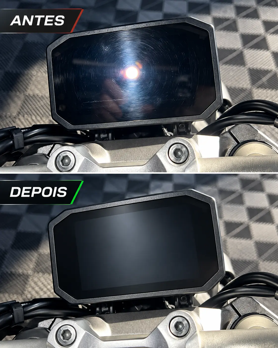 Painel digital da moto antes e depois da película de proteção